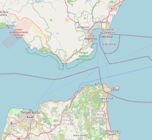 Map of the Straits of Gibraltar showing Ceuta and Tangier on the African side. 