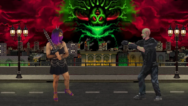 Sci-fi fantasy city with ominous red and green face in the sky, purple haired sword weilding fighter on left and infected / possessed person on right