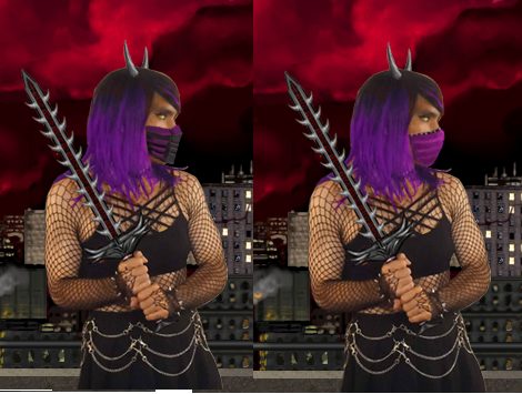 Two images of a purple haired character wielding a sword wearing two different masks.