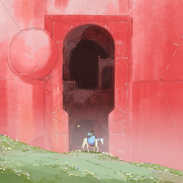 A caped wanderer on horseback stops in front of a towering red wall, an entrance to a deep cavern in the middle, mysterious and ancient. This is the tomb of Ithros