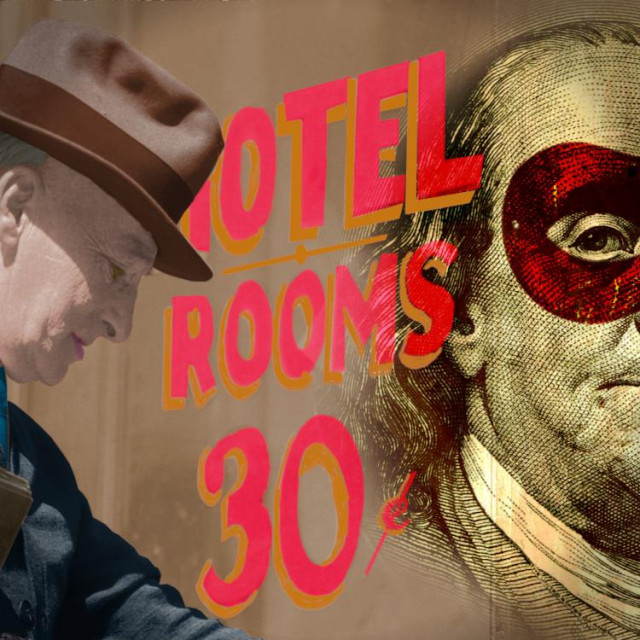 A hand-tinted Depression-era photo of an elderly man entering a building whose door has the hand-lettered words 'Hotel Rooms 30¢.' The door is half-covered with the intaglio portrait of Ben Franklin as depicted on a US$100 bill; he wears a robber's domino mask.