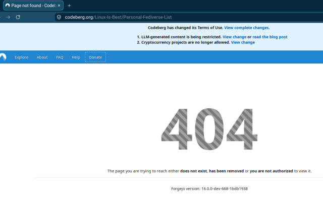 A browser window showing a 404 (Not found) error message, after trying to navigate to https://codeberg.org/Linux-Is-Best/Personal-Fediverse-List