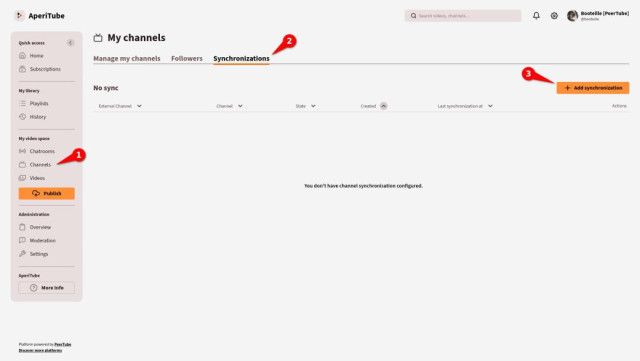 Screenshot of the PeerTube interface showing how to add a new synchronization.

1. In the menu, click "Channels."
2. Click the "Synchronizations" submenu.
3. Click "Add a synchronization."