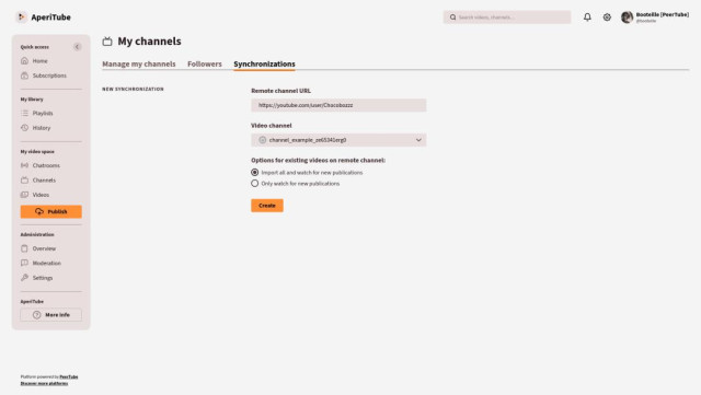 Screenshot of the PeerTube interface showing how to add a new synchronization. The page for adding a new synchronization is displayed.