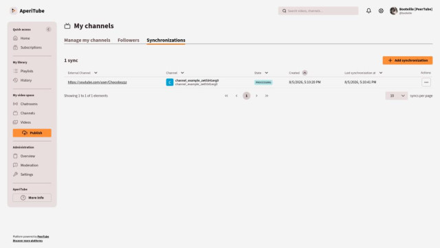 Screenshot of the PeerTube interface showing how to add a new synchronization. The page displaying the list of synchronizations is shown, and it displays a synchronization that is currently running.