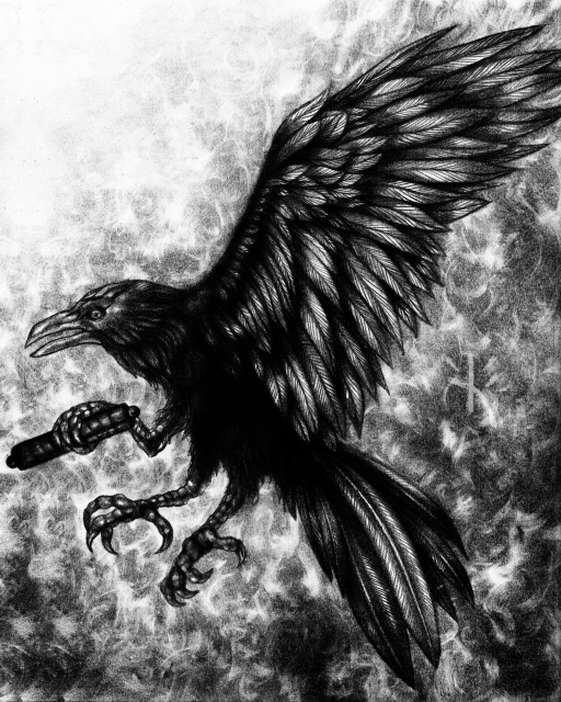 A black and white drawing of a three legged, three eyed, fantasy raven in flight. The creature is holding a scroll in its claws, set against a cloudy, textured background.