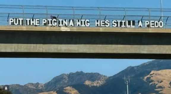 On a bridge in Lafayette, California, against a beautiful blue sky and mountainous background, people on a bridge have put up letters spelling "PUT THE PIG IN A WIG HE'S STILL A PEDO"
