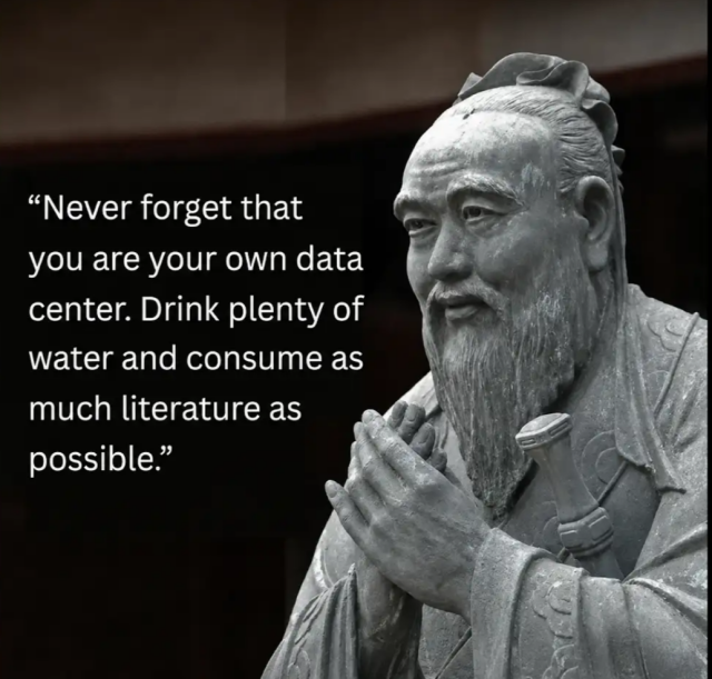 Picture of a statue assumed to show Confucius, with a text saying: "Never forget that you are your own data center. Drink plenty of water and consume as much literature as possible."