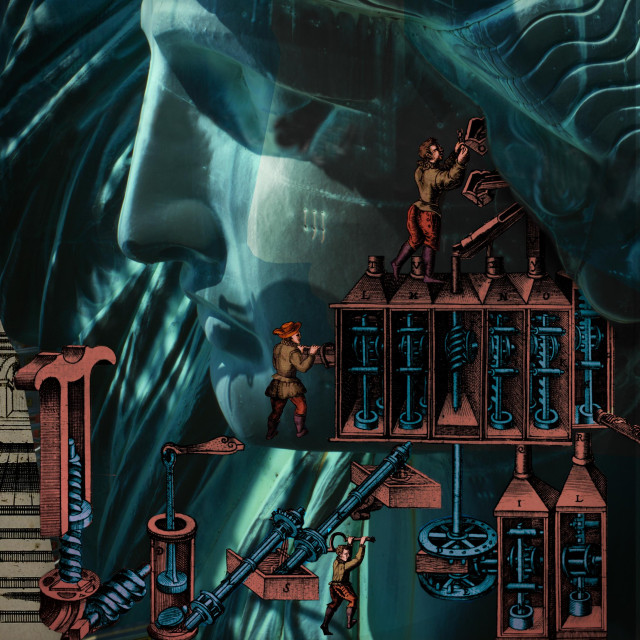 The giant head of the Statue of Liberty. Around it are many medieval machines, tended by little medieval rude mechanicals. In the background is a crosshatched architectural drawing of some classical arches and such.