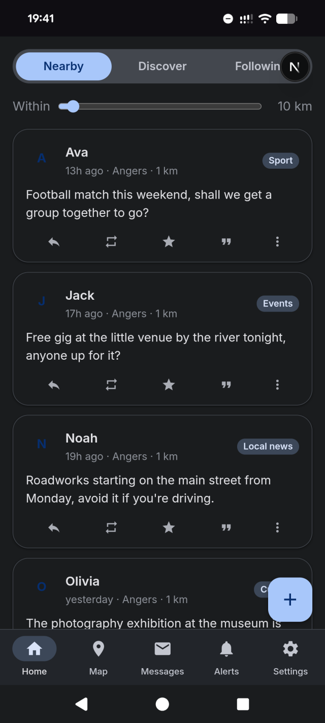 FediHood's Nearby feed: a distance slider set to 10 km, then a few posts from people close by, each with a time, a city, a distance and a topic tag such as Sport or Events.