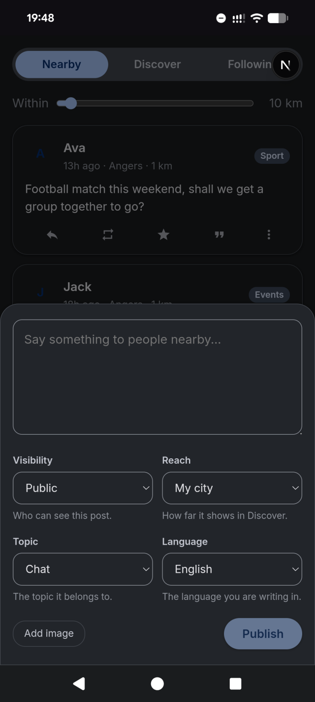 FediHood's compose screen: a large message box, then four options: Visibility (who can see the post), Reach (how far it shows in Discover), Topic (its category) and Language (what you write in), plus Add image and Publish buttons.
