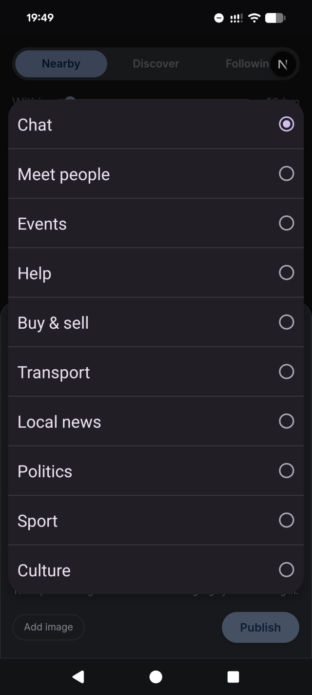 The topic list in FediHood: Chat, Meet people, Events, Help, Buy & sell, Transport, Local news, Politics, Sport and Culture.