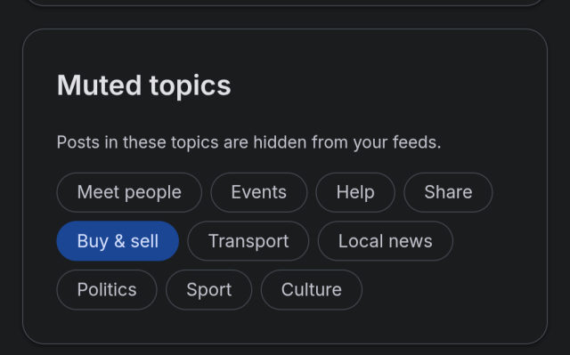 The "Muted topics" setting in FediHood, with topic chips that can be tapped to hide them from feeds. "Buy & sell" is selected.