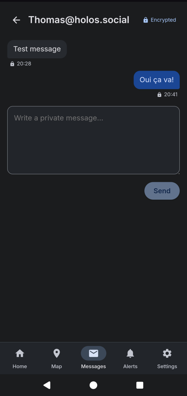 Screenshot of the same conversation in FediHood, showing an "Encrypted" label at the top and a padlock next to each message.