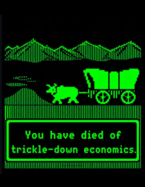 Retro green-on-black pixel scene of an ox pulling a covered wagon across hills with a dialog box that reads "You have died of trickle-down economics," a satirical reference to the Oregon Trail game.