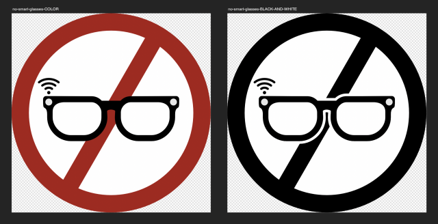 Icon design for "Not smart glasses allowed" consisting on a standard forbidden signal (red clircle with diagonal red line) and the shape of smart glasses (with the cameras circles on the mount and wifi waves symbol) . The same icon is in black and white colour.