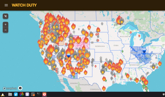 A screen shot of a map of the United States. The map comes from the website "Watch Duty" which had emergency information about evacuations, fires, &c. The entire western part of the map from the Rocky Mountains to the Pacific Coast and from the Mexican border to Canada is covered in flame icons indication hundreds of wildfires burning the the West. There's also a lot of fires in Oklahoma and northern Florida.