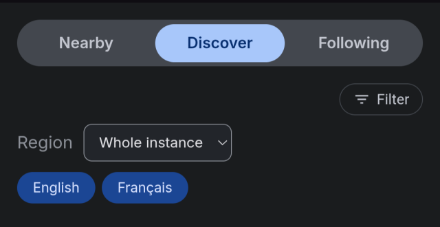 The Discover tab with the English and French language filters selected. Unchecking both shows posts in every language.