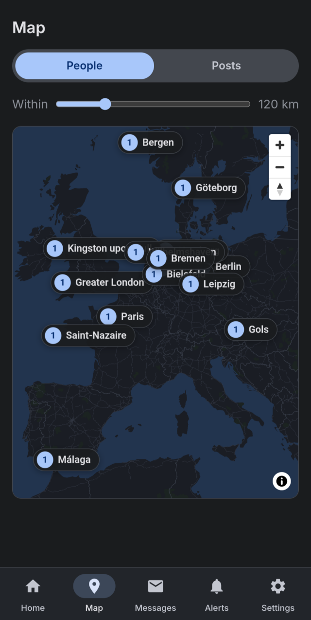The FediHood map zoomed on Europe, with city markers showing where members are.