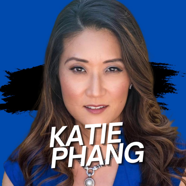 Portrait of a woman with long dark hair on a blue background with a black brushstroke behind her. Large white text across the bottom reads “KATIE PHANG.”