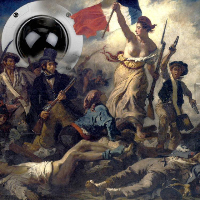 "Eugène Delacroix's painting 'La Liberté guidant le peuple' ('Liberty Leading the People'), depicting the French revolution as a ragtag group of peasants led by a flag-waving, bare-breasted incarnation of 'Liberty.' The painting has been altered: the scene is now being observed with a giant, smoke-shrouded CCTV dome, and the distant building have been replaced with a mainframe computer.