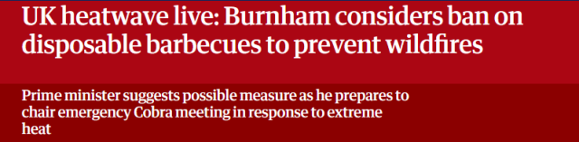 UK heatwave live: Burnham considers ban on
disposable barbecues to prevent wildfires
Prime minister suggests possible measure as he prepares to

chair emergency Cobra meeting in response to extreme
