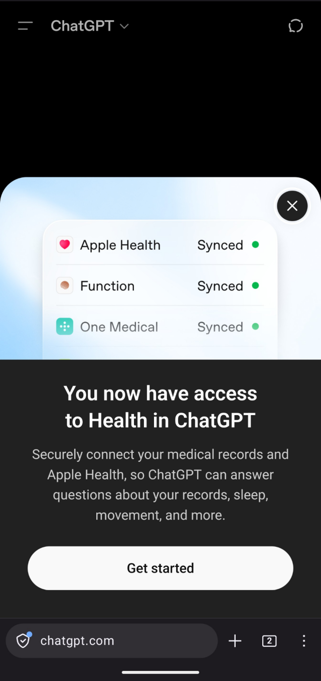 A ChatGPT popup that says: 

"You now have access to Health in ChatGPT" 

"Securely connect your medical records and Apple Health, so ChatGPT can answer questions about your records, sleep, movement, and more."