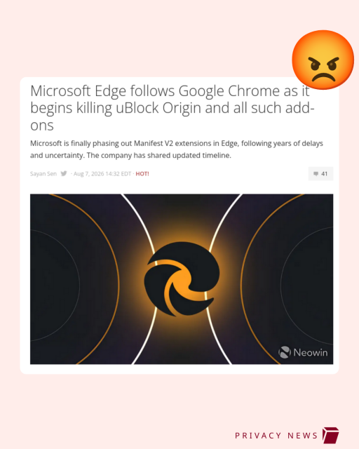 Screenshot of an article taken from Neowin, " Microsoft Edge follows Google Chrome as it begins killing uBlock Origin and all such add-ons

Microsoft is finally phasing out Manifest V2 extensions in Edge, following years of delays and uncertainty. The company has shared updated timeline. "