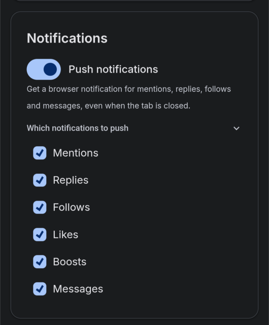 FediHood notification settings: a push toggle turned on, and six checkboxes to choose which notifications to receive (mentions, replies, follows, likes, boosts, messages), all enabled by default.