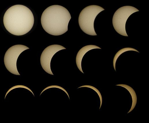 Sequence of 12 images of the sun in various stages of eclipse.