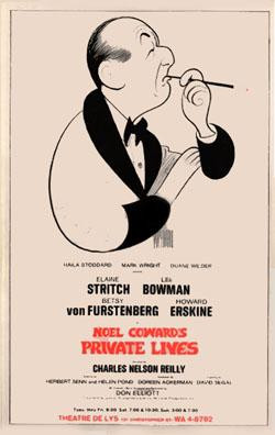 Poster from the 1968 Theatre De Lys production featuring a sketch of Coward.

It is featuring a caricature illustration of a bald man in a tuxedo smoking a cigarette holder, with cast names listed below including Elaine Stritch and Lea Bowman, directed by Charles Nelson Reilly.
