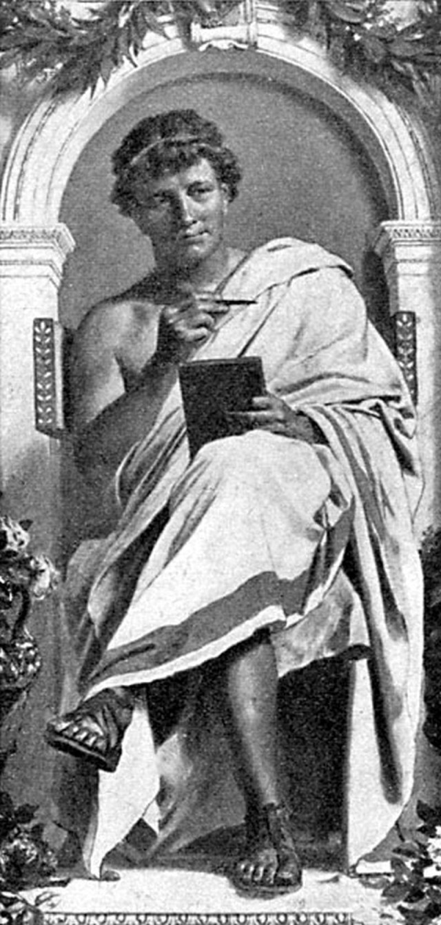 In this painting by Anton von Werner, Ovid sits on a stone throne set in a shallow, arched niche. He wears a classical toga over his left shoulder and torso, leaving his right shoulder uncovered. He gazes a little to his left.

He holds a small rectangular writing tablet in his lap with his left hand. His right hand holds a stylus near his chin. He wears a simple wreath or band on his head, open-toed sandals, and sits with his right leg crossed over his left.