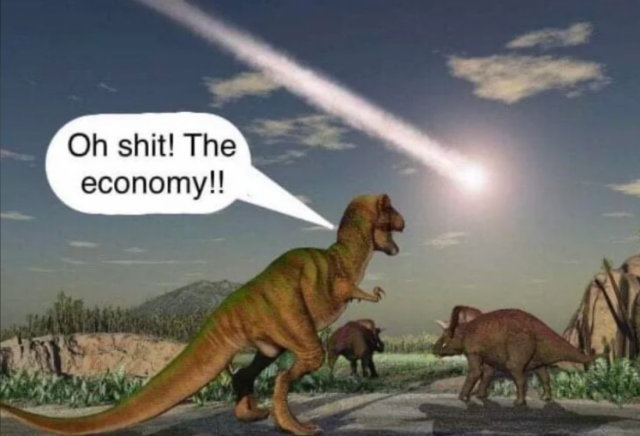 Dinosaurs watching comet coming, saying "Oh shit! The economy!!"

