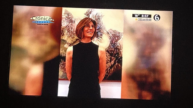 An image of a woman, presumably the artist, on the tv with the following on screen: Crónicas URBANA 18° 8:57 