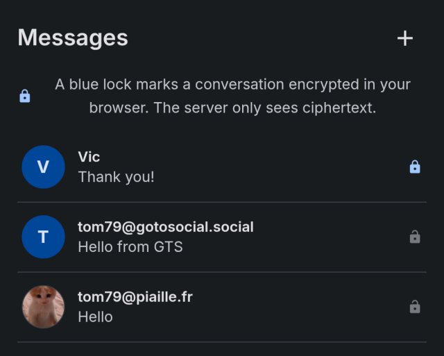 Screenshot of the FediHood Messages screen in dark mode. Each conversation in the list ends with a padlock: closed and blue when the conversation is encrypted, open and grey when it is a plain message to an account on another fediverse instance.