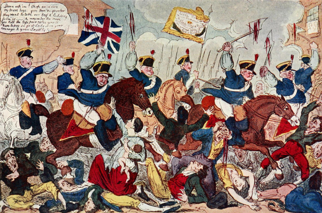 Caricature by George Cruikshank depicting the British military charge upon the rally of unemployed workers, attacking women and children. One man is bleeding from the head. By George Cruikshank - Symes, John Elliotson; Traill, Henry Duff (ed); Mann, James Saumarez (ed) (1904) [June 1897] "The Social Economy" in Social England: a record of the progress of the people in religion, laws, learning, arts, industry, commerce, science, literature and manners, from the earliest times to the present day (Illustrated Edition ed.), London: Cassell and Company, pp. facing p. 126 Retrieved on 7 April 2010.Uploaded by Jappalang, April 2010, Public Domain, https://commons.wikimedia.org/w/index.php?curid=3778047