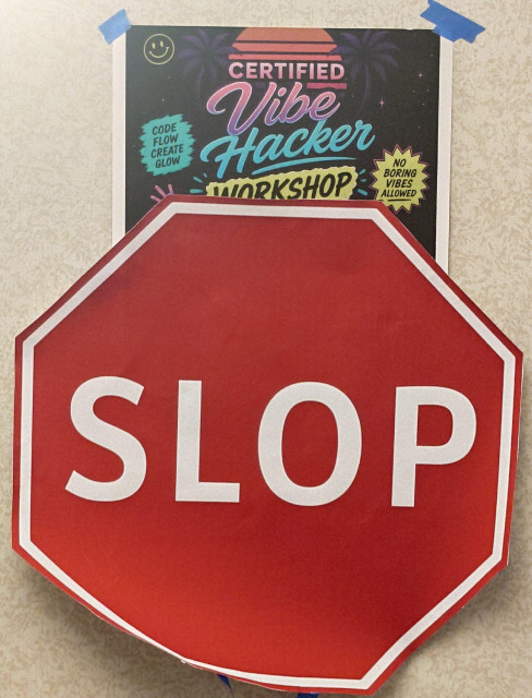 a flyer for a 'vibe hacker workshop' mostly obscured by a red octagonal sign reading 'slop'