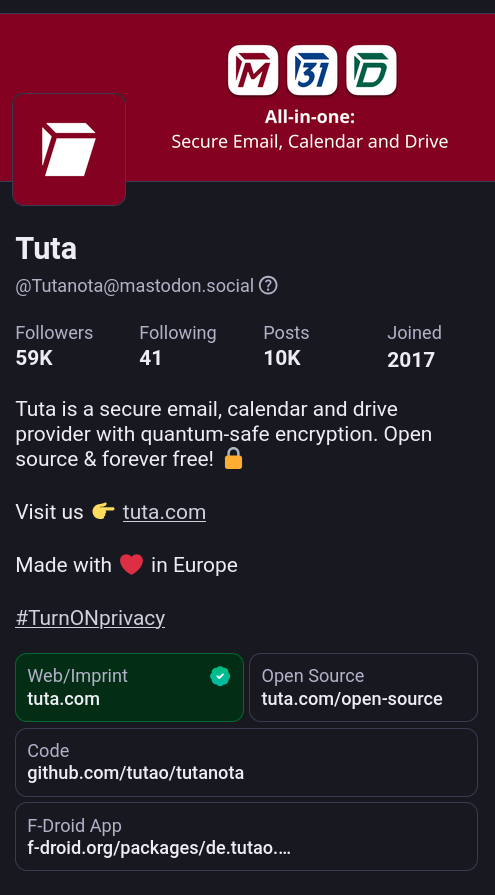 Screenshot of the Tutanota Mastodon profile with 59k followers