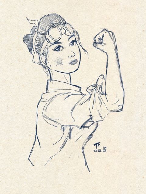 Pencil drawing of a young woman rolling up her sleeve. She has her hair up and is wearing welding goggles.