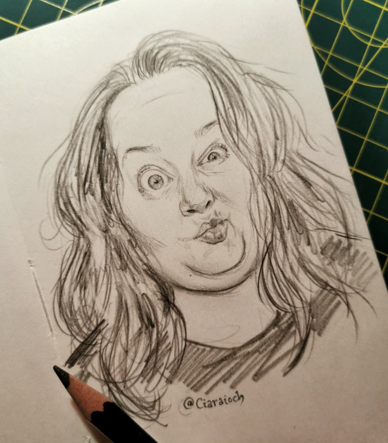 Pencil sketch self-portrait looking thoroughly bedraggled while pulling a very fetching face that will absolutely get stuck that way if and when the wind changes.