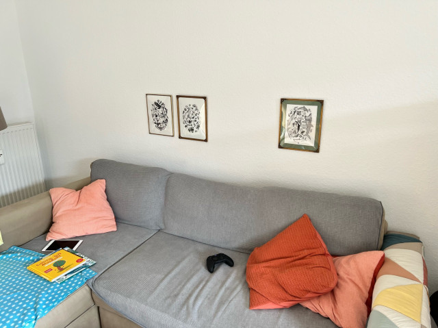 3 framed illustrations hanging on a wall behind a sofa
