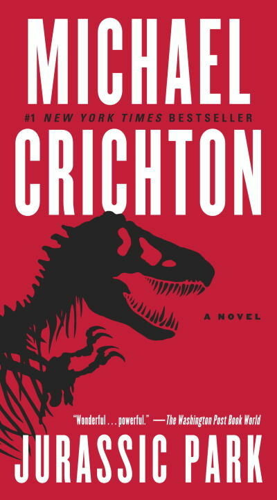 The front cover of the novel Jurassic Park, by Michael Crichton. It's an old cover that doesn't reference the film franchise. It's red, with a dinosaur skeleton (presumably a T-Rex) silhouette on the front. 