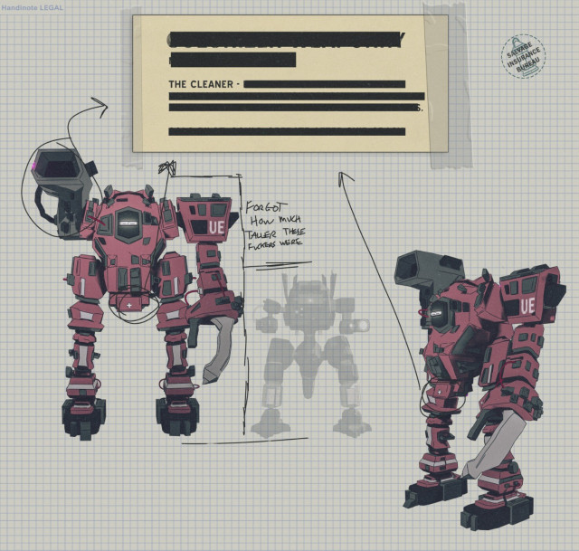 Graph paper featuring the label 'Handinote LEGAL' in the top left with a small stamp on the top right reading 'SALVAGE INSURANCE BUREAU' with an image of a green lamp of some kind. The document has a large yellow note taped to the top center with most of the words redacted except "THE CLEANER". Beneath it are images of a large, two-legged red mech. One is at a slight angle and the other is facing directly at the camera. There's a smaller, black and white faded mech of a different type next to the one facing forward. They have a singular white glowing eye in the middle, an arm with a large grasping hand on it and where the other arm would be, some kind of rocket-launcher style shoulder weapon. A handwritten note with arrows pointing between the larger and smaller mech reads "Forgot how much taller these fuckers were". 