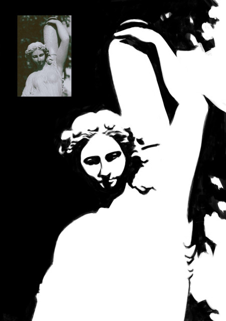 Pure black and white drawing of a sculpture looking down and carrying a big water jar on the shoulder. The reference image is on the top left. 