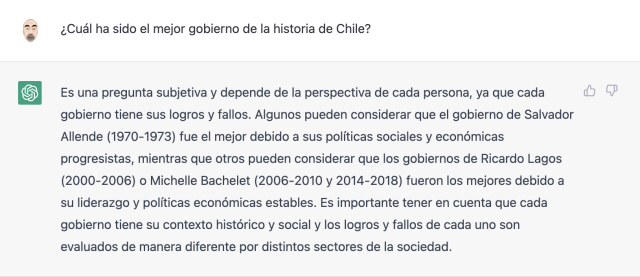Respuesta de ChatGPT a la pregunta: ¿cual ha sido el mejor gobierno de la historia de Chile?