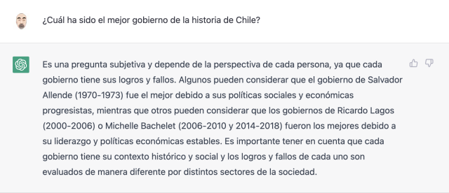 Respuesta de ChatGPT a la pregunta: ¿cual ha sido el mejor gobierno de la historia de Chile?