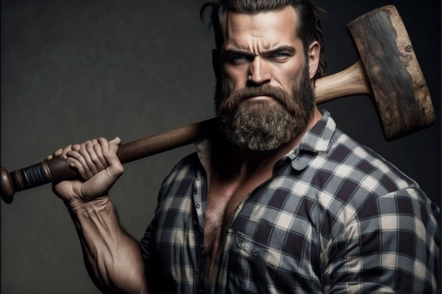 A stern looking muscular lumberjack with an ax made of wood and a hand that's a tangle of twenty fingers