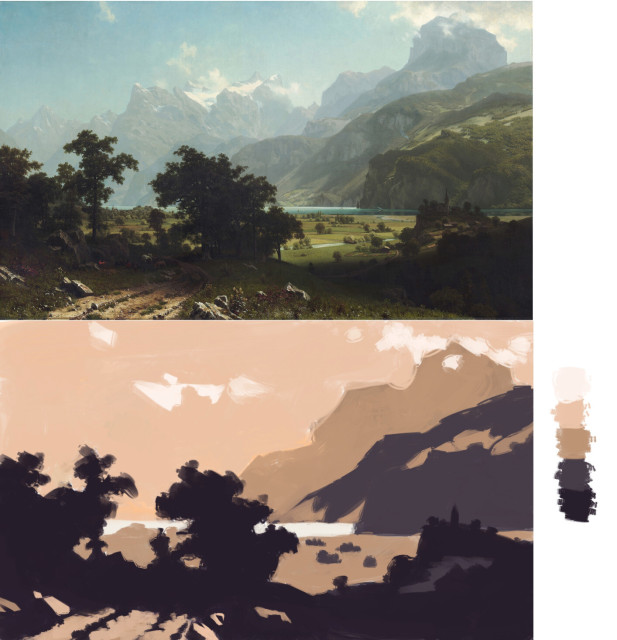 Oil painting of a mountainous landscape, with a notan study in five color values underneath.