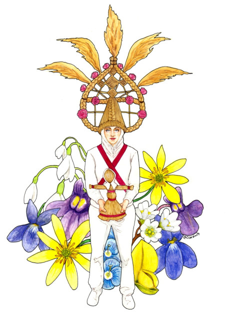 A watercolour painting of a person dressed in Biddy costume (white clothing, ornate straw headpiece, red sashes) holding a straw Brídeóg doll, against a background of colourful Irish spring-blooming wildflowers.