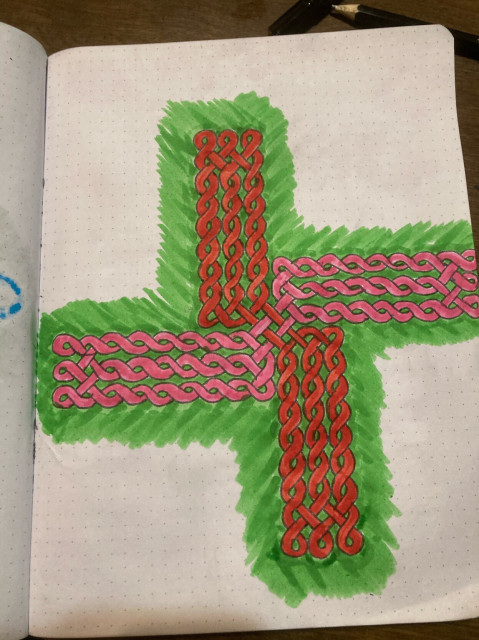 a (rather simplistic, it must be said) knotwork drawing of a brigid’s cross in pink and red, against a limited green background